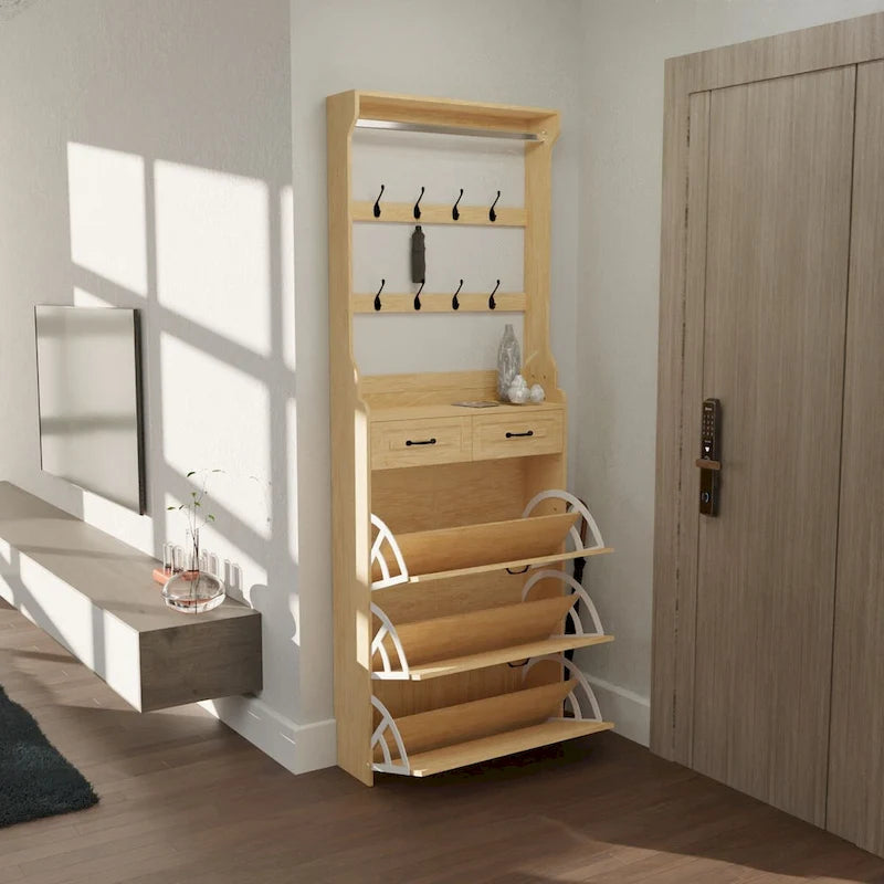 Shoe Storage Cabinet with Foldable Compartments, Flip Drawers & Hanger