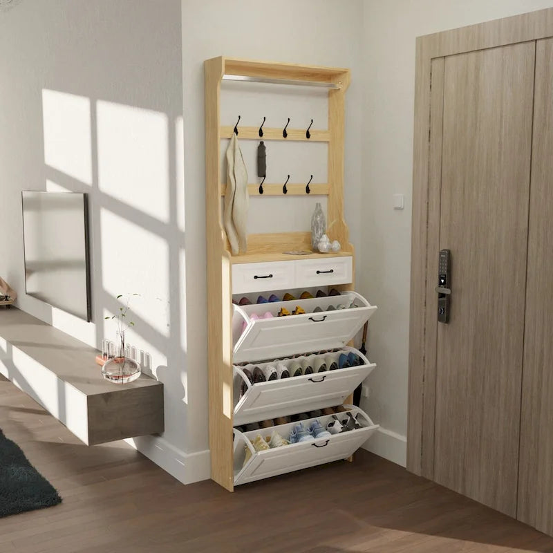 Shoe Storage Cabinet with Foldable Compartments, Flip Drawers & Hanger