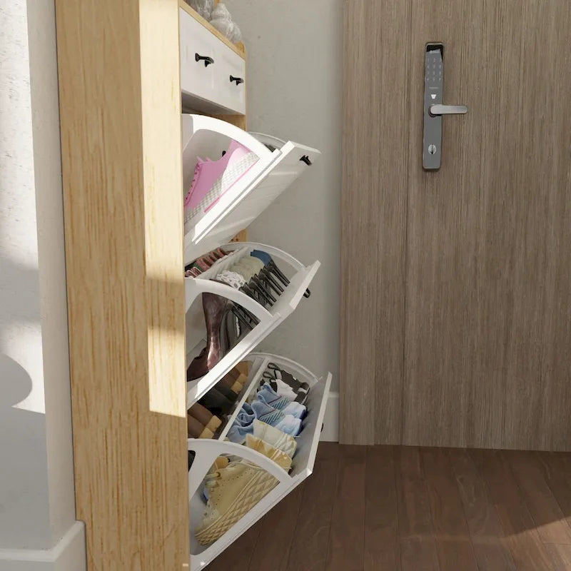 Shoe Storage Cabinet with Foldable Compartments, Flip Drawers & Hanger