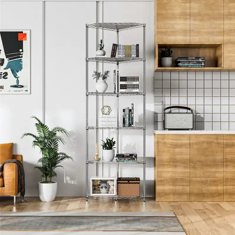6-Tier Corner Wire Shelf Rack with Pentagonal Shelves