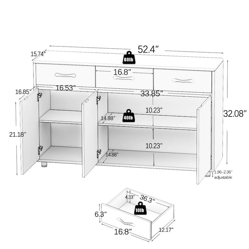 3-Door Side Table for Dining, Living Room & Kitchen