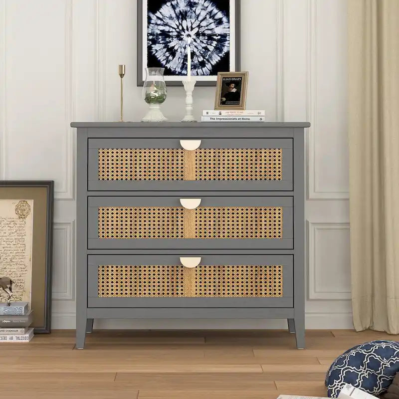 3 Drawer Cabinet with Natural Rattan, Suitable for Bedroom, Living Room & Study