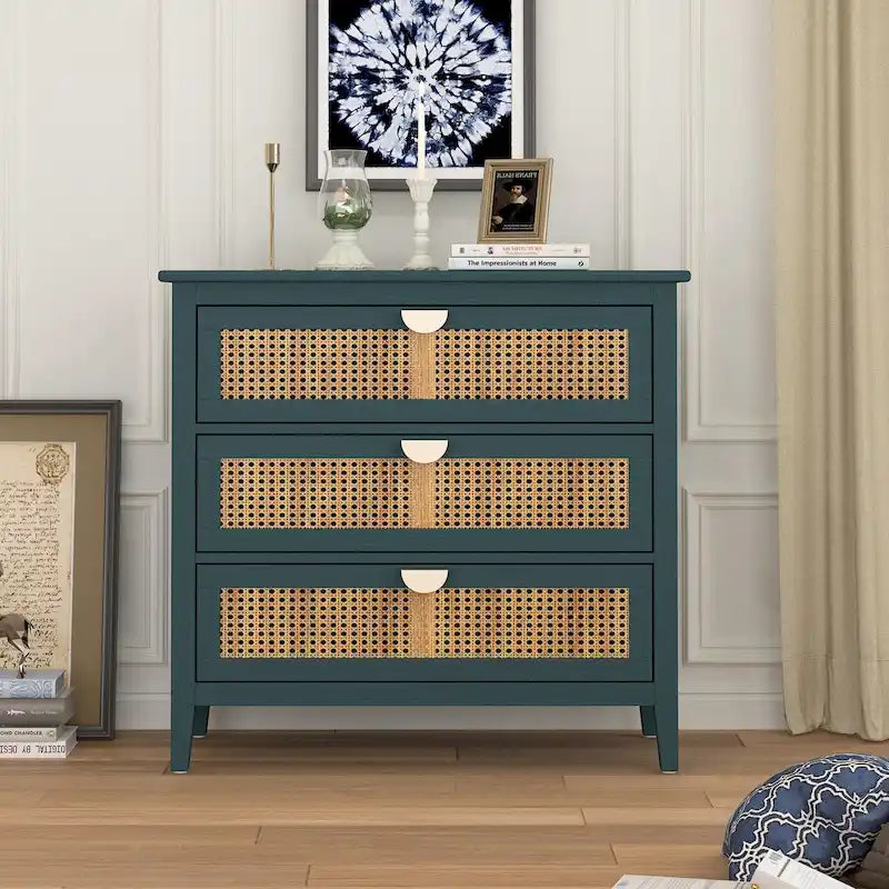 3 Drawer Cabinet with Natural Rattan, Suitable for Bedroom, Living Room & Study