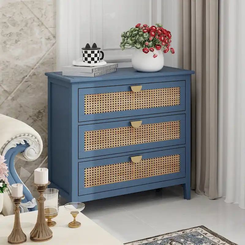 3 Drawer Cabinet with Natural Rattan, Suitable for Bedroom, Living Room & Study