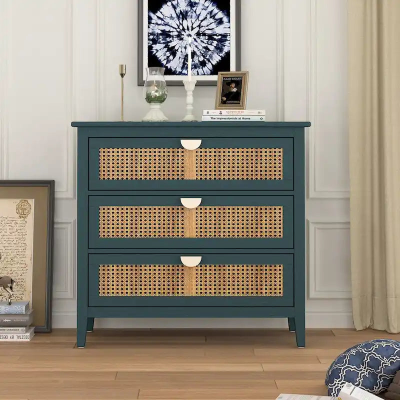 3 Drawer Cabinet with Natural Rattan, Suitable for Bedroom, Living Room & Study