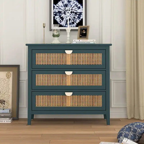 Meuble à 3 tiroirs avec rotin naturel, idéal pour la chambre, le salon et le bureau