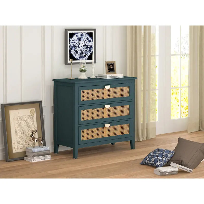 3 Drawer Cabinet with Natural Rattan, Suitable for Bedroom, Living Room & Study