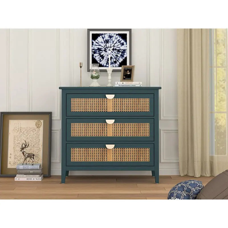 3 Drawer Cabinet with Natural Rattan, Suitable for Bedroom, Living Room & Study