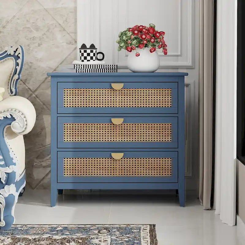 3 Drawer Cabinet with Natural Rattan, Suitable for Bedroom, Living Room & Study