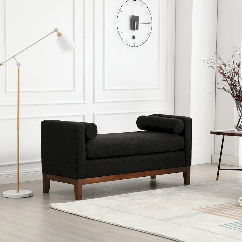 Upholstered Storage Bench with Wood Legs and Bolster Pillows