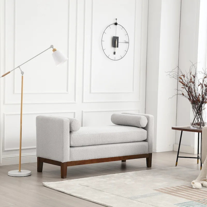 Upholstered Storage Bench with Wood Legs and Bolster Pillows