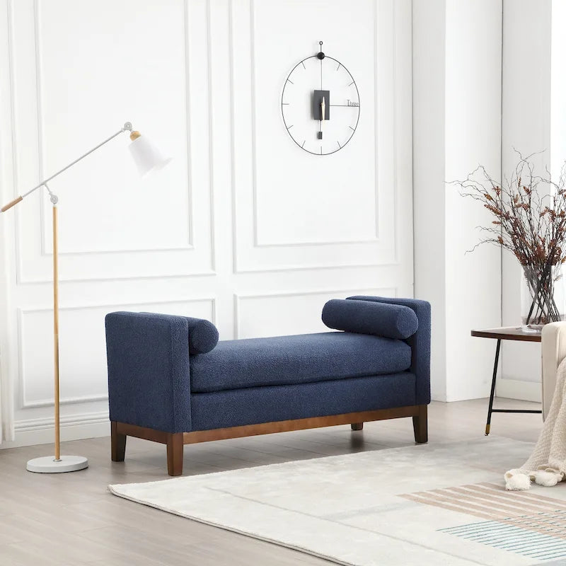 Upholstered Storage Bench with Wood Legs and Bolster Pillows