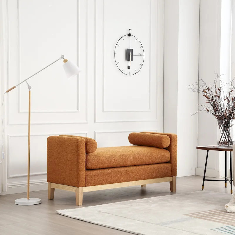 Upholstered Storage Bench with Wood Legs and Bolster Pillows
