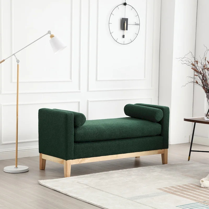 Upholstered Storage Bench with Wood Legs and Bolster Pillows