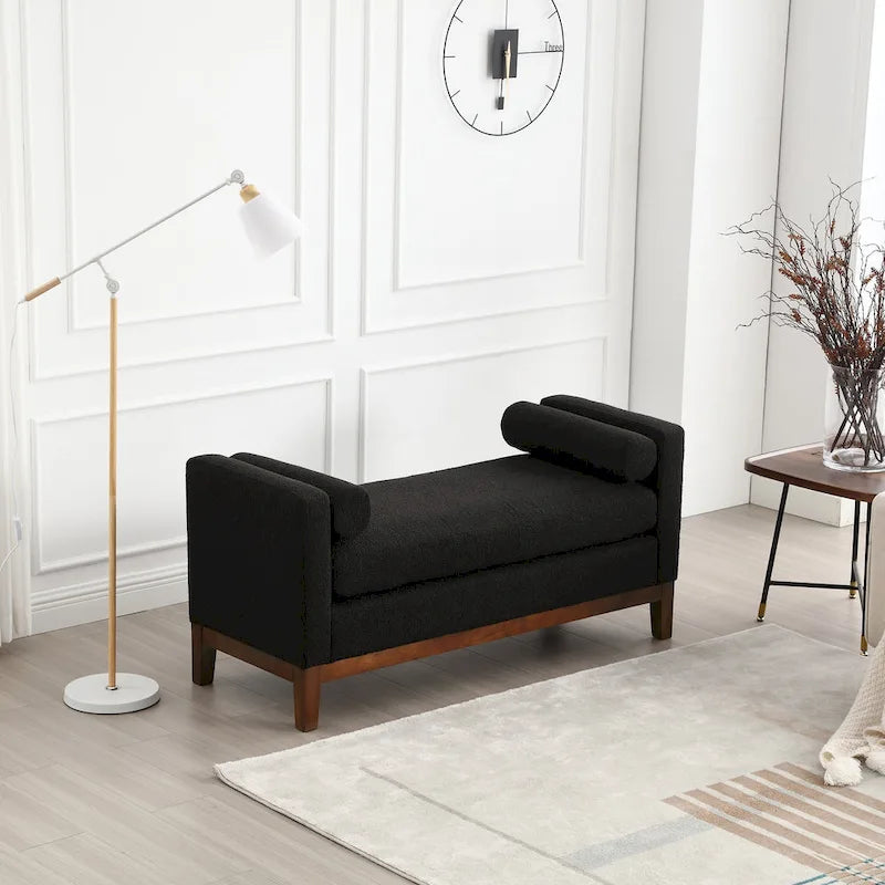 Upholstered Storage Bench with Wood Legs and Bolster Pillows