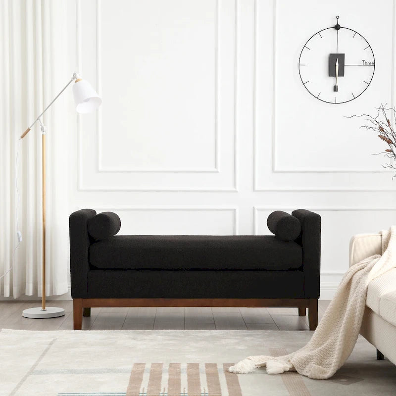 Upholstered Storage Bench with Wood Legs and Bolster Pillows