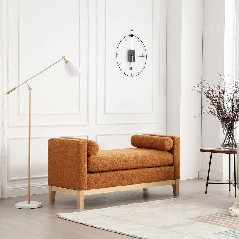 Upholstered Storage Bench with Wood Legs and Bolster Pillows