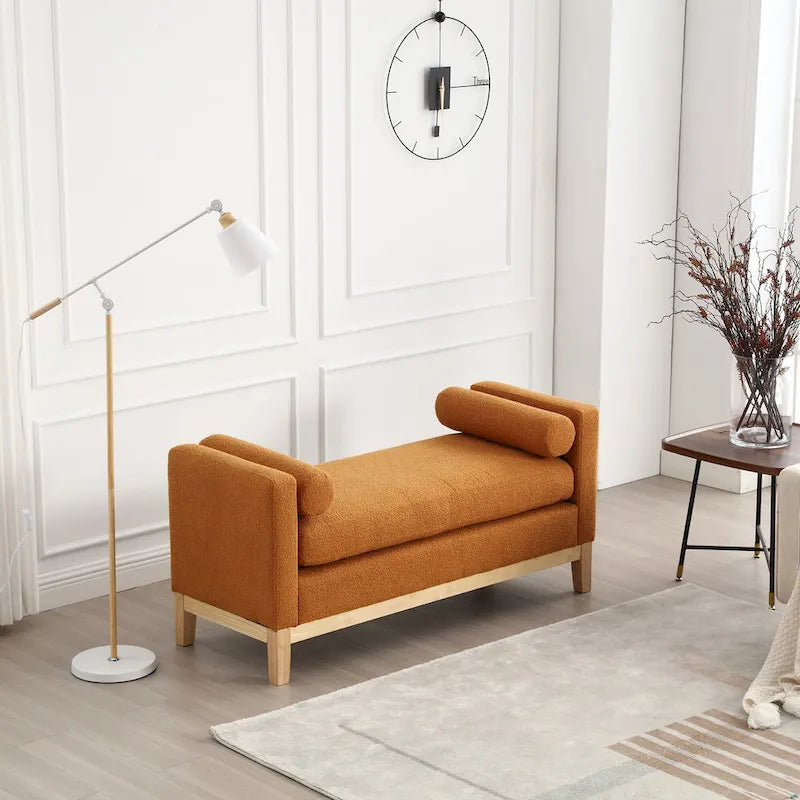 Upholstered Storage Bench with Wood Legs and Bolster Pillows