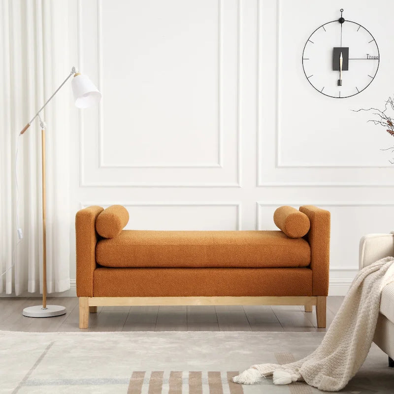 Upholstered Storage Bench with Wood Legs and Bolster Pillows