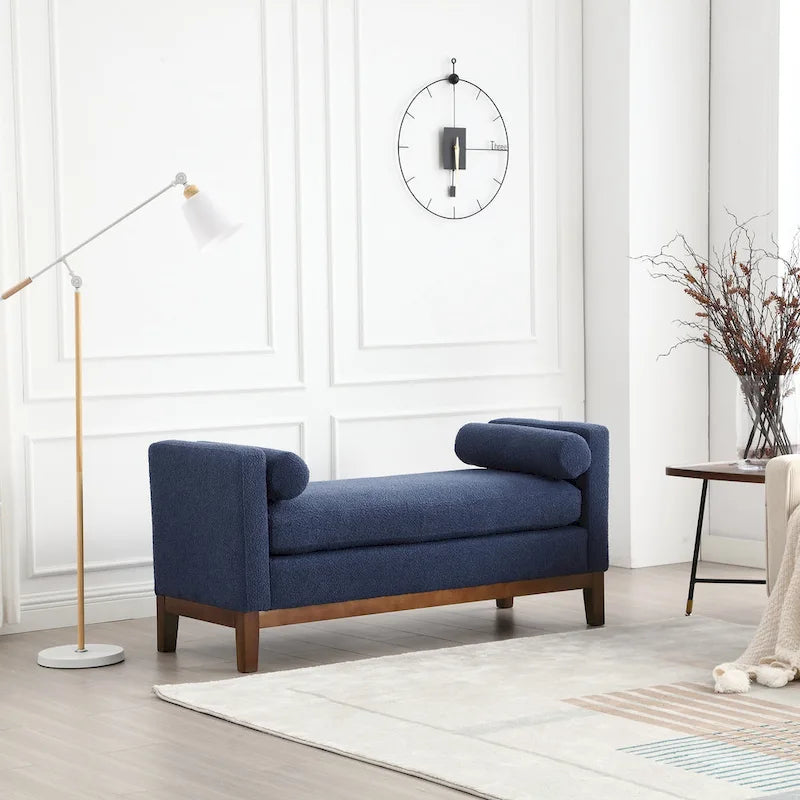 Upholstered Storage Bench with Wood Legs and Bolster Pillows