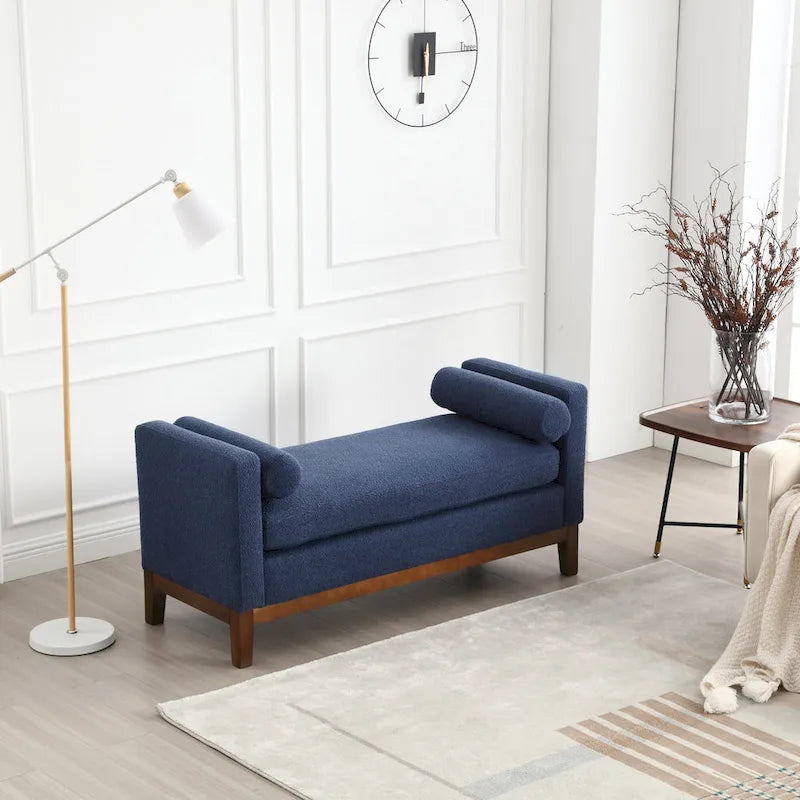 Upholstered Storage Bench with Wood Legs and Bolster Pillows