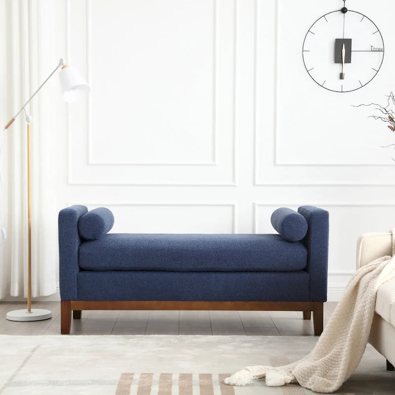 Upholstered Storage Bench with Wood Legs and Bolster Pillows