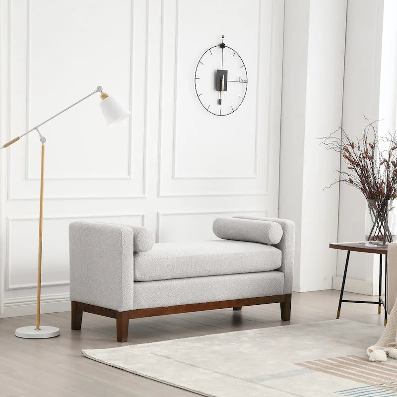 Upholstered Storage Bench with Wood Legs and Bolster Pillows
