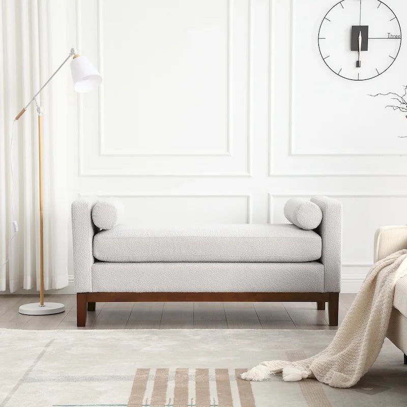 Upholstered Storage Bench with Wood Legs and Bolster Pillows