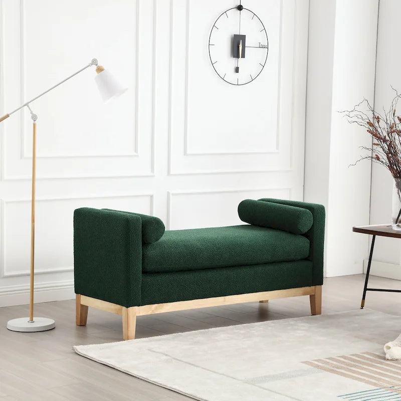 Upholstered Storage Bench with Wood Legs and Bolster Pillows