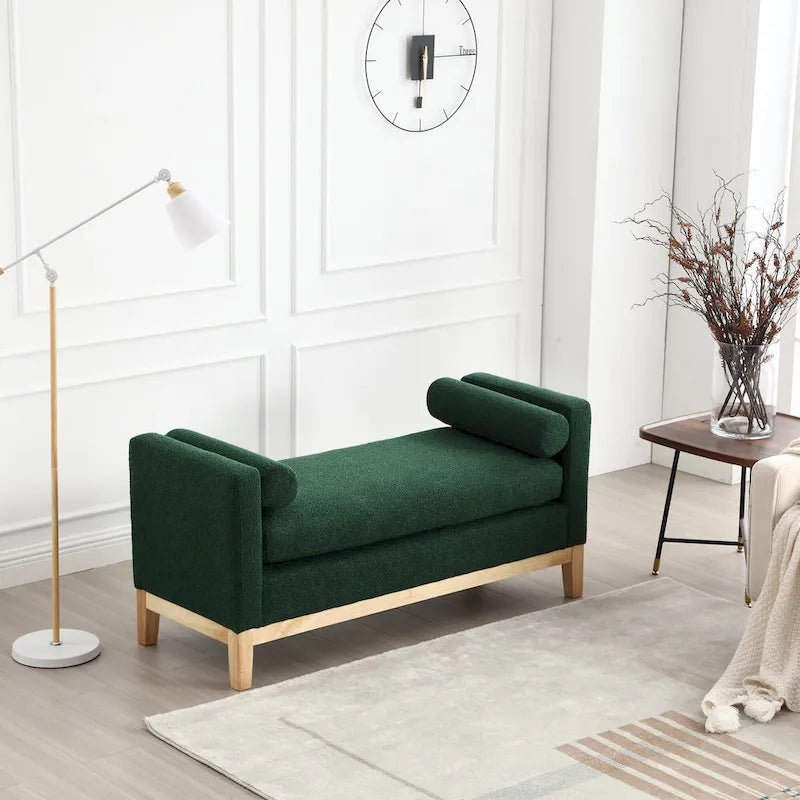 Upholstered Storage Bench with Wood Legs and Bolster Pillows