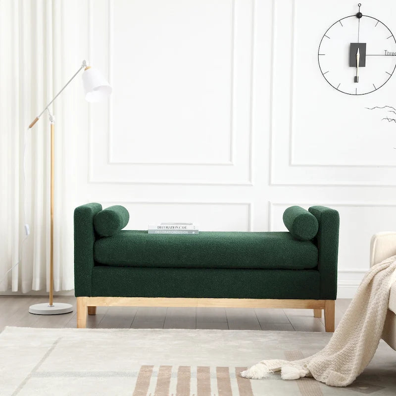 Upholstered Storage Bench with Wood Legs and Bolster Pillows