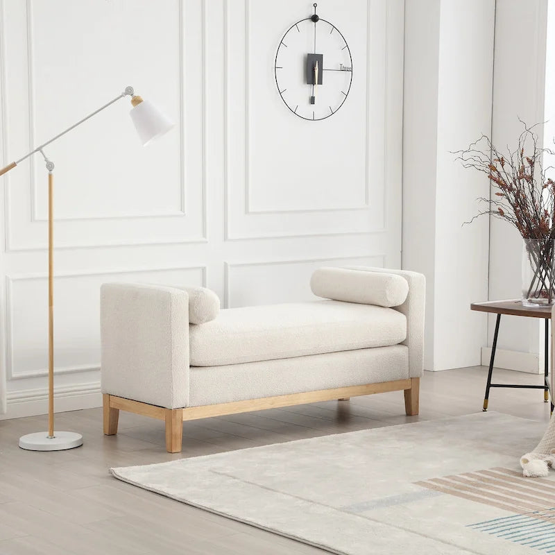 Upholstered Storage Bench with Wood Legs and Bolster Pillows