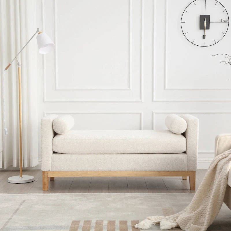 Upholstered Storage Bench with Wood Legs and Bolster Pillows