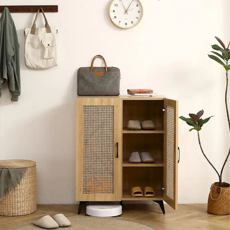 Rattan Mesh Double-Door Shoe Cabinet with Large Storage Space