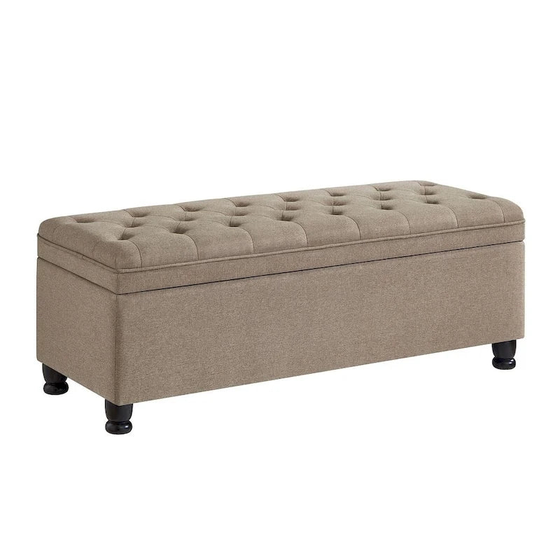 Upholstered Tufted Button Storage Bench with Spindle Wood Legs