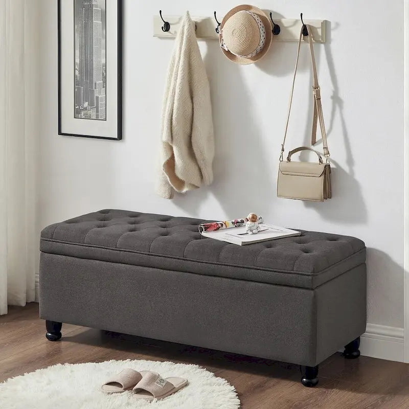 Upholstered Tufted Button Storage Bench with Spindle Wood Legs