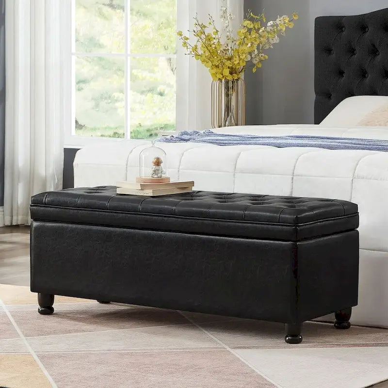 Upholstered Tufted Button Storage Bench with Spindle Wood Legs
