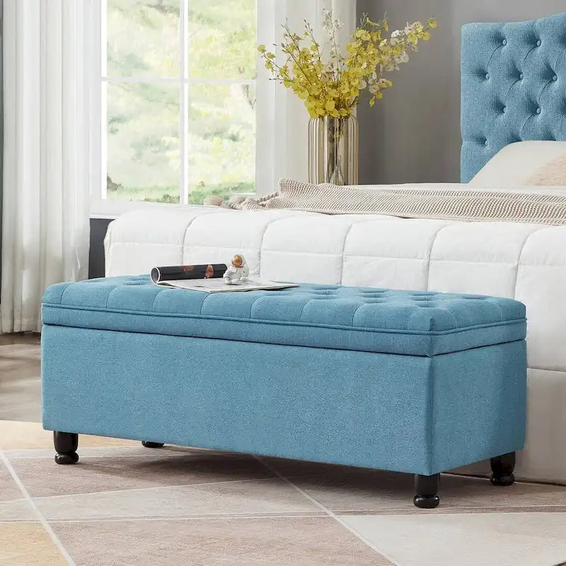 Upholstered Tufted Button Storage Bench with Spindle Wood Legs