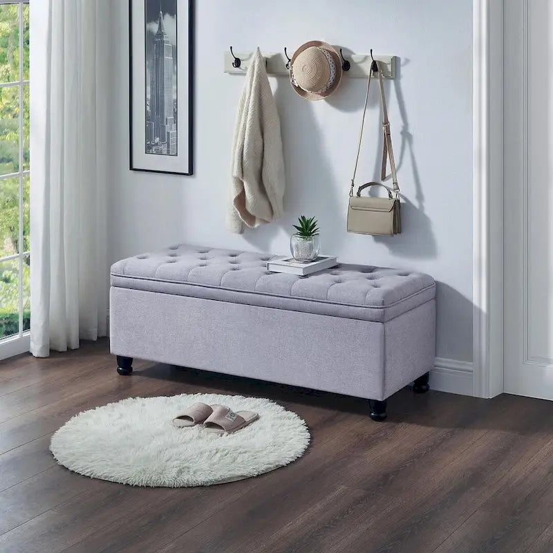Upholstered Tufted Button Storage Bench with Spindle Wood Legs