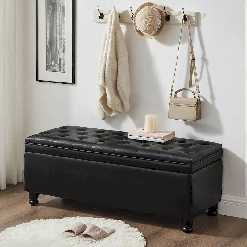 Upholstered Tufted Button Storage Bench with Spindle Wood Legs