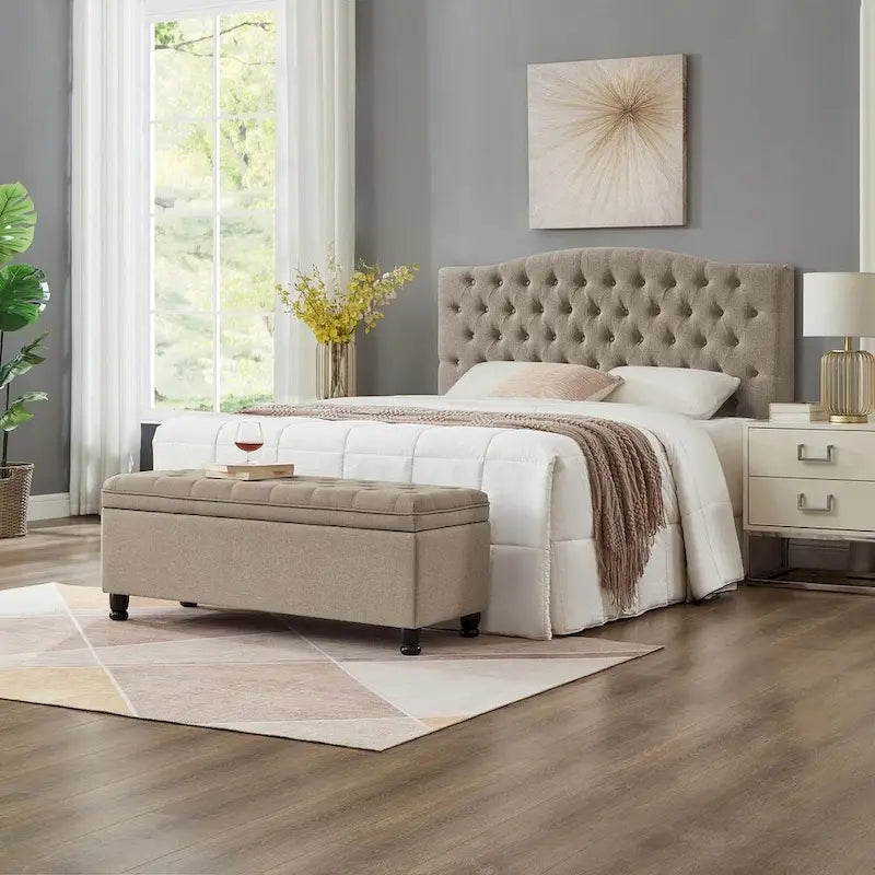 Upholstered Tufted Button Storage Bench with Spindle Wood Legs