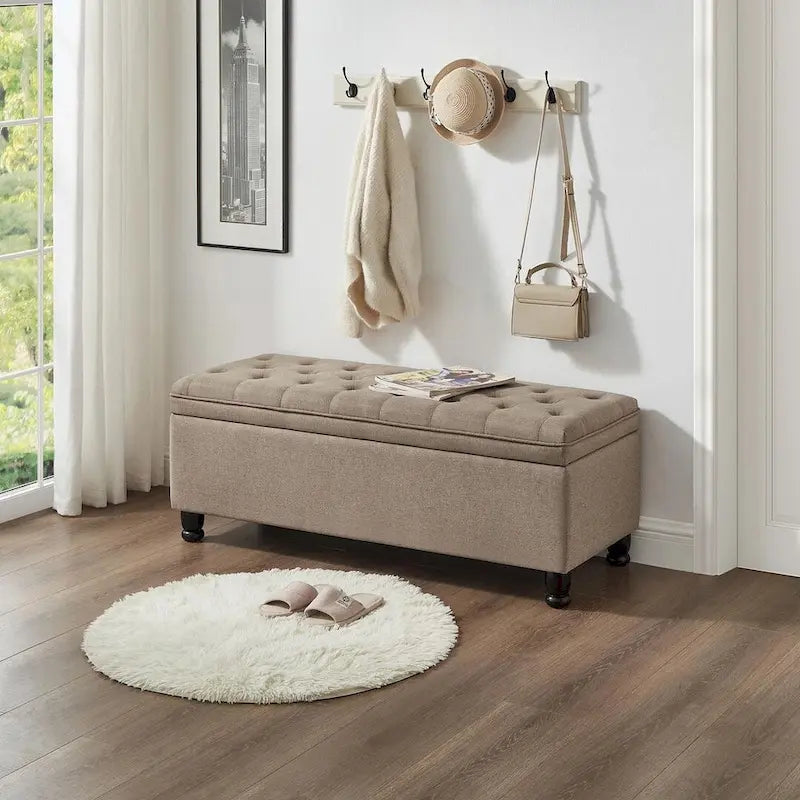 Upholstered Tufted Button Storage Bench with Spindle Wood Legs