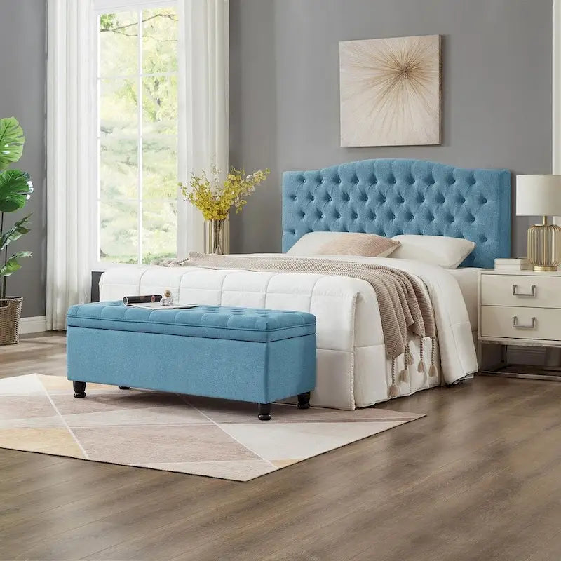Upholstered Tufted Button Storage Bench with Spindle Wood Legs
