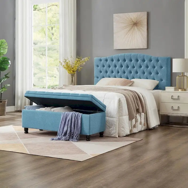 Upholstered Tufted Button Storage Bench with Spindle Wood Legs