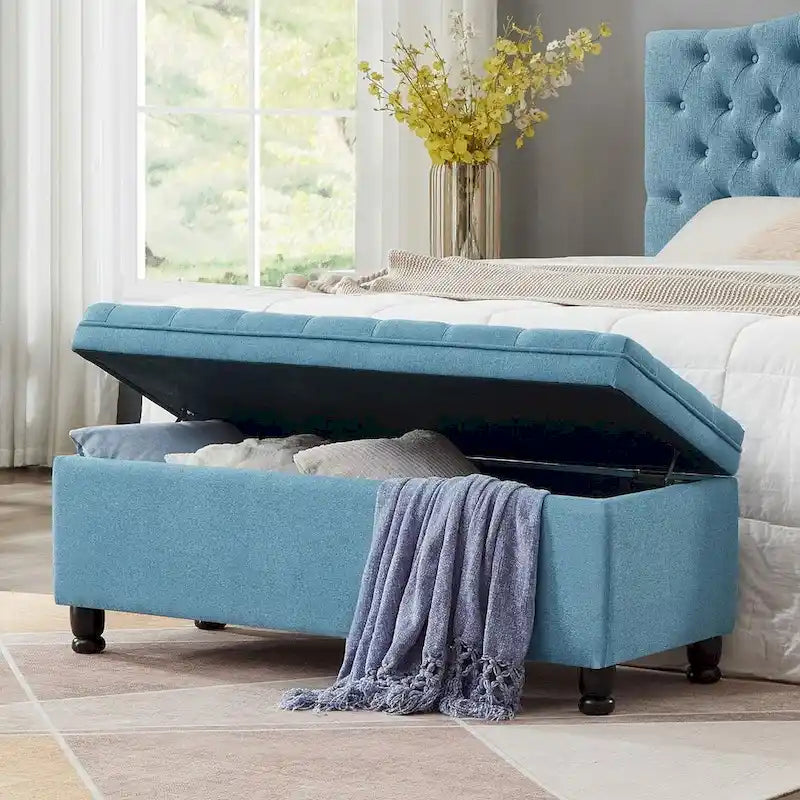 Upholstered Tufted Button Storage Bench with Spindle Wood Legs
