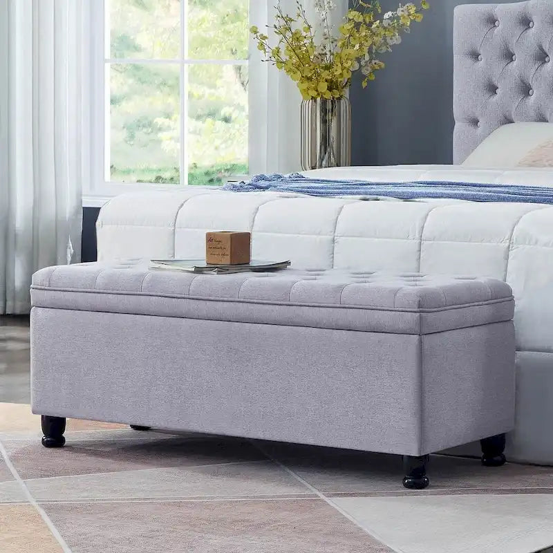 Upholstered Tufted Button Storage Bench with Spindle Wood Legs