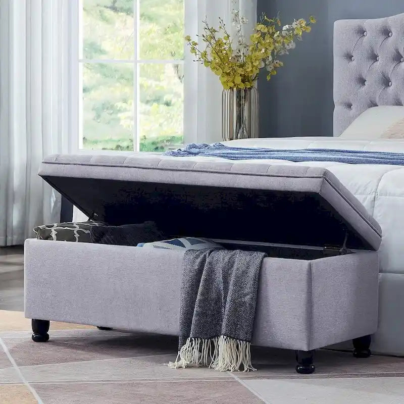 Upholstered Tufted Button Storage Bench with Spindle Wood Legs