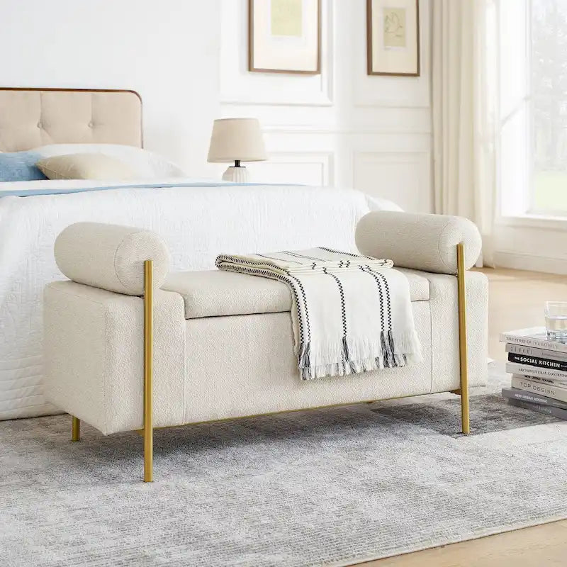 Storage Bench with Cylindrical Arms and Iron Legs, Beige