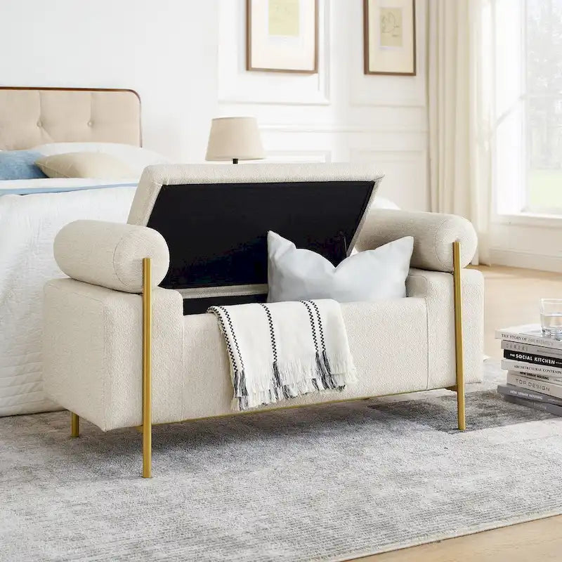 Storage Bench with Cylindrical Arms and Iron Legs, Beige