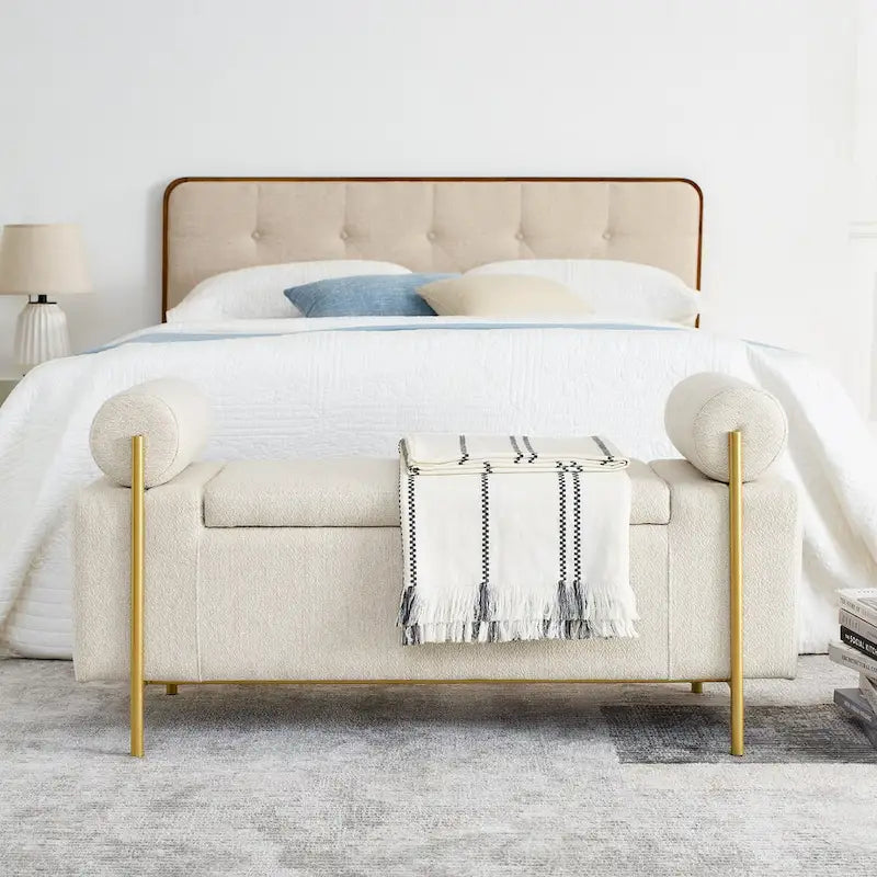 Storage Bench with Cylindrical Arms and Iron Legs, Beige